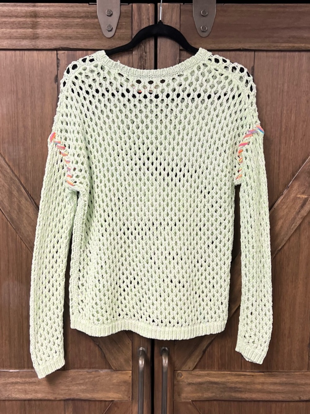 LISA TODD Twister Crewneck Crochet Resort Sweater Neon Sour Apple Size Small - Picture 4 of 8